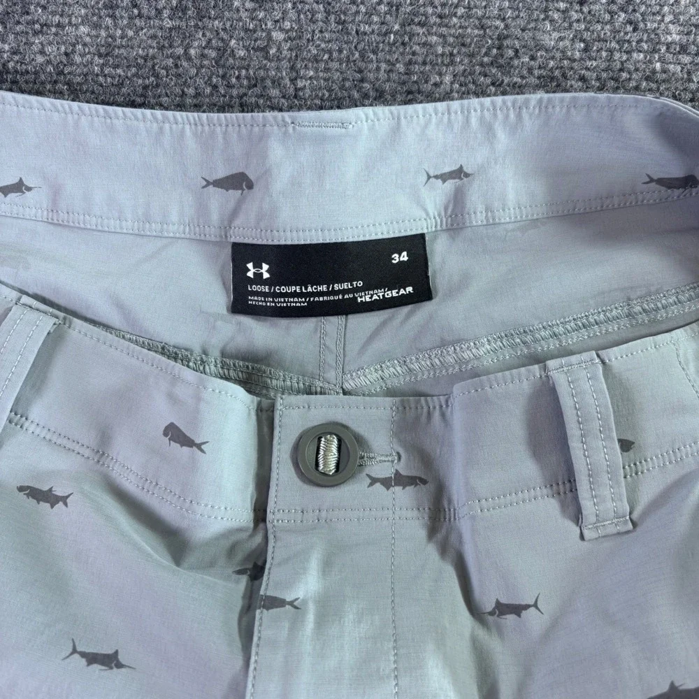Under Armour Cargo Fishing Shorts Mens 34 Gray Fish Print HeatGear Performance